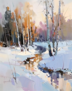 Peisaj de iarna cu rau si mesteceni