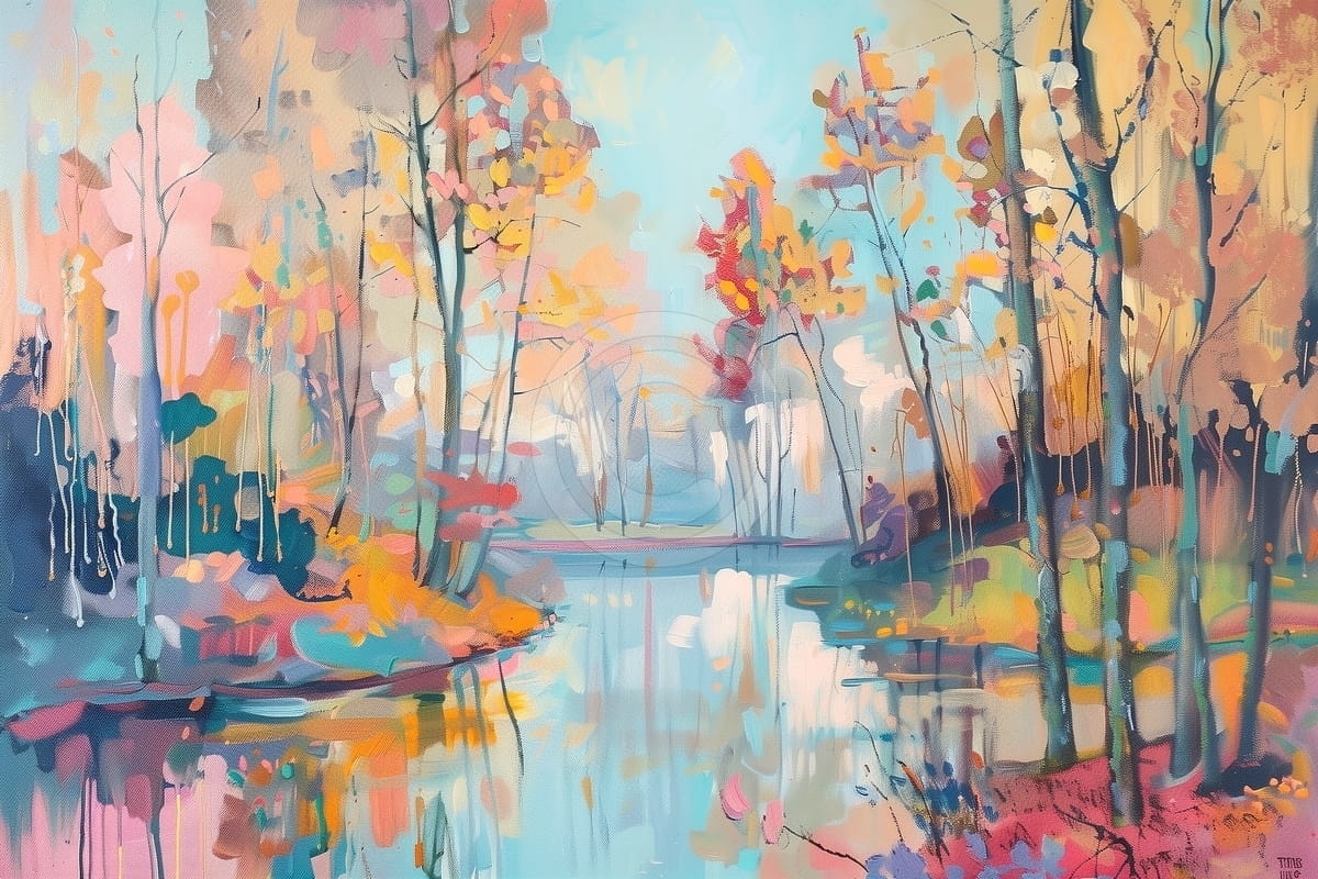 Tablou Padure colorata langa lac