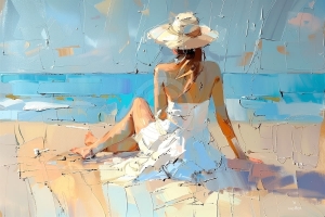 Femeie pe plaja in rochie alba