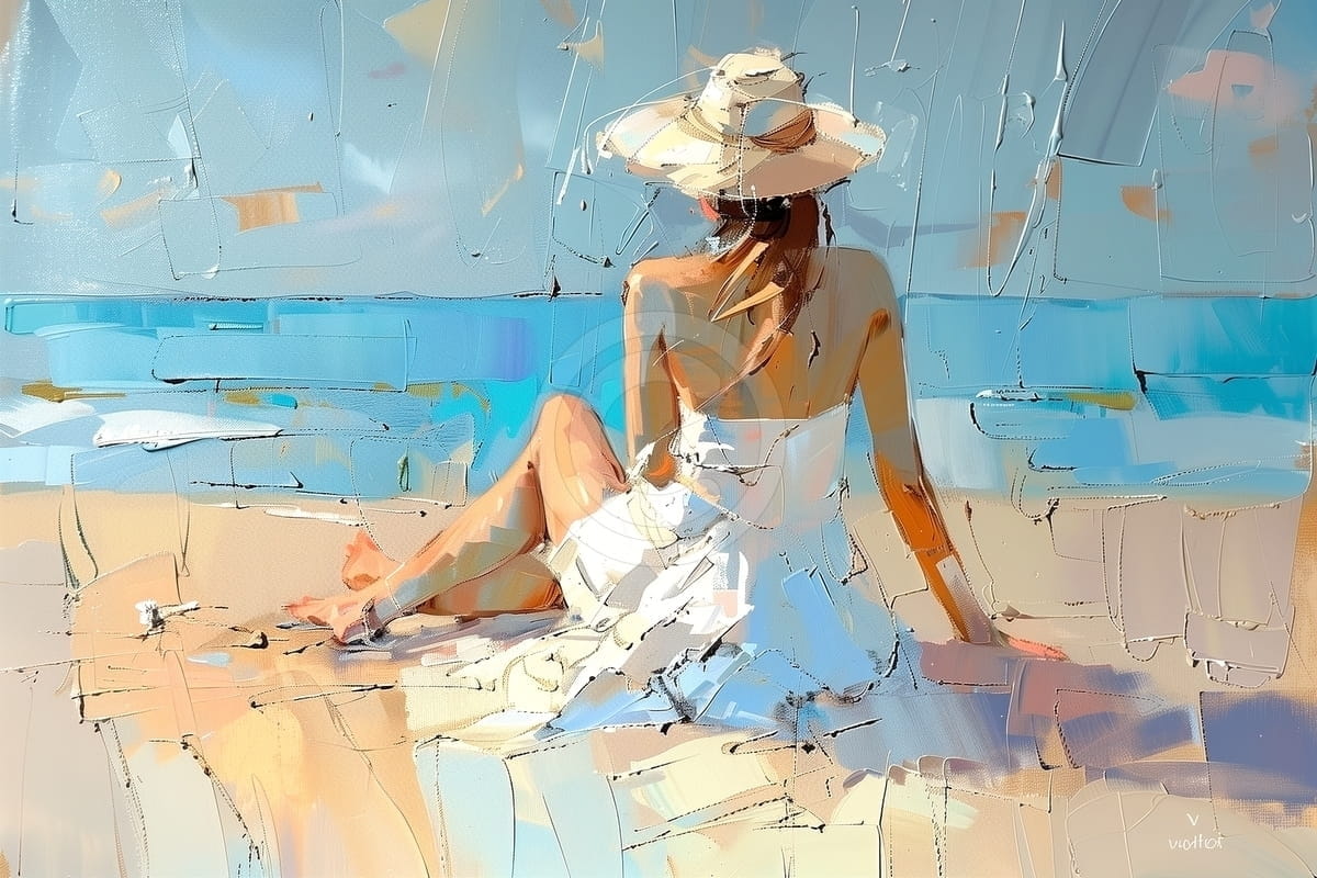 Tablou Femeie pe plaja in rochie alba
