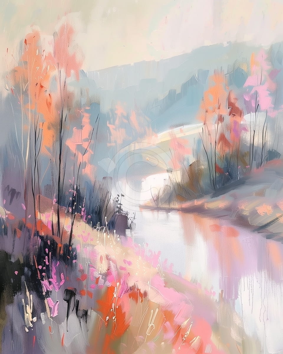 Tablou Peisaj cu rau si flori roz