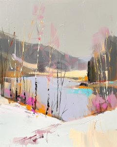 Peisaj de iarna cu lac si cabana