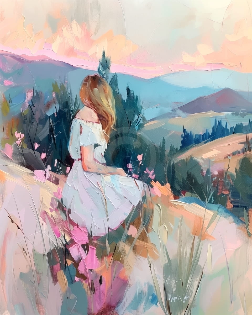 Tablou Femeie in rochie alba privind apusul