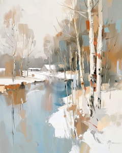 Peisaj de iarna cu rau si mesteceni