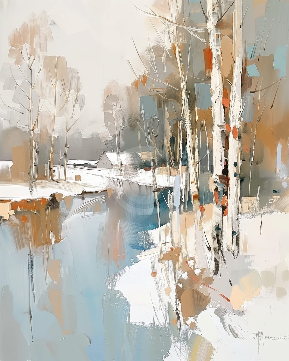 Tablou Peisaj de iarna cu rau si mesteceni