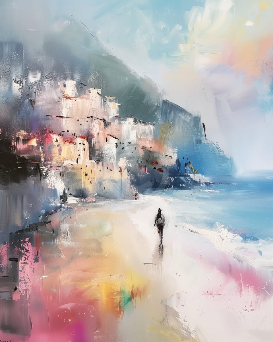 Tablou Peisaj marin cu case pe stanca si plimbare pe plaja