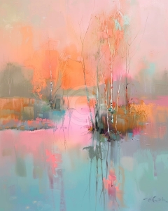 Apus pastelat cu copaci si lac