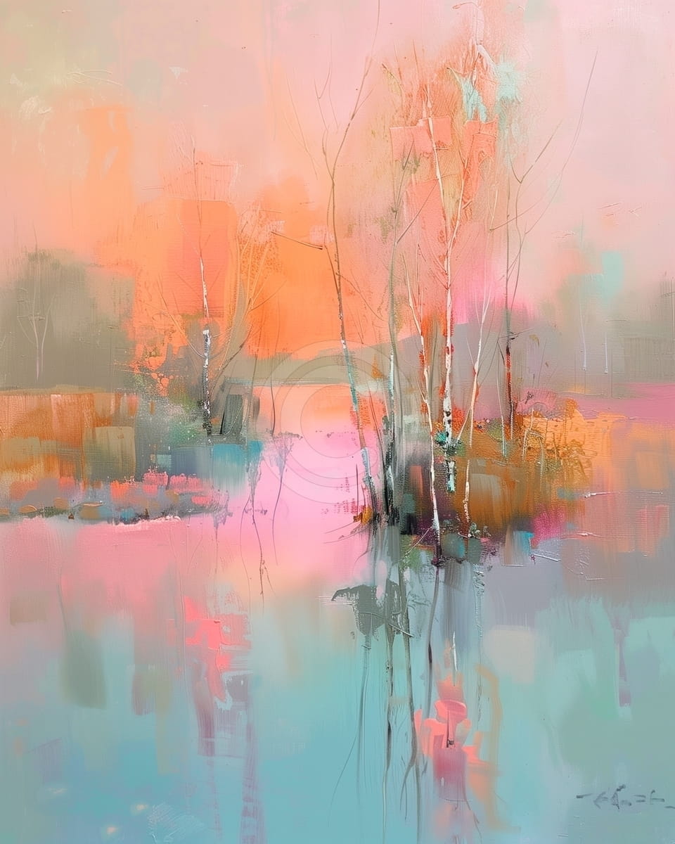 Tablou Apus pastelat cu copaci si lac