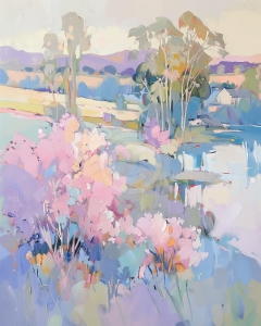 Peisaj pastelat cu flori si rau