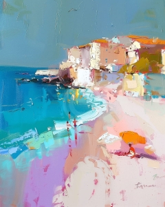 Plaja mediteraneana cu case si umbrela