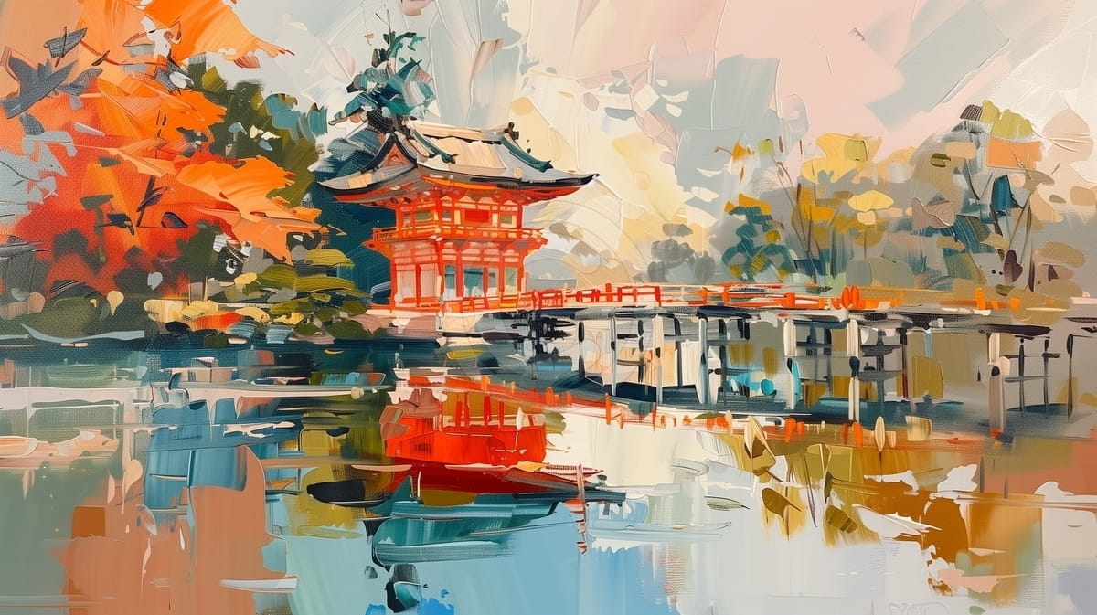 Tablou Templu japonez langa lac