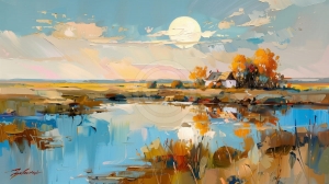 Casuta la apus langa lac