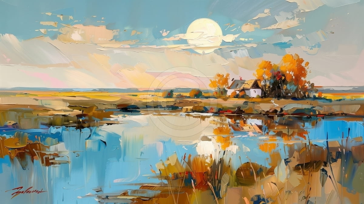 Tablou Casuta la apus langa lac