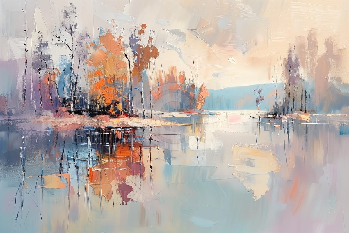 Tablou Lac la apus cu padure colorata