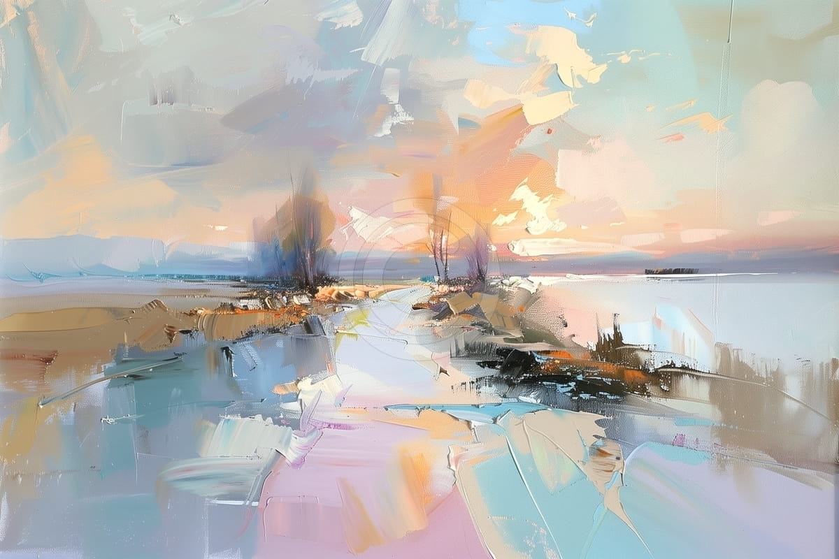 Tablou Peisaj la apus cu tonuri pastelate