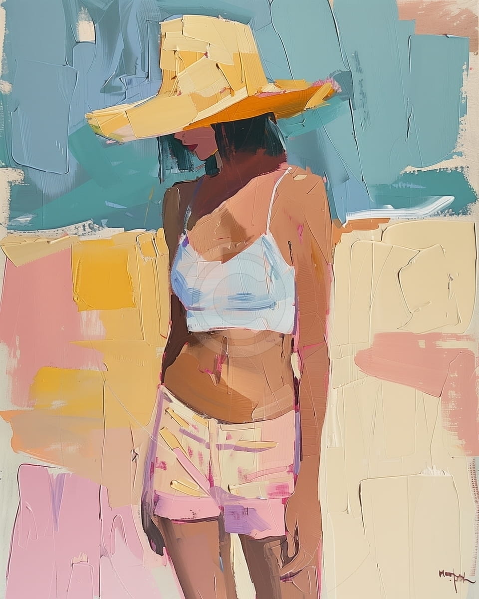 Tablou Fata la plaja cu palarie galbena