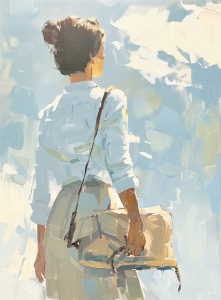 Femeie cu geanta in lumina diminetii