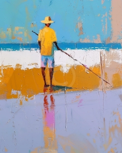 Pescar in camasa galbena pe malul marii