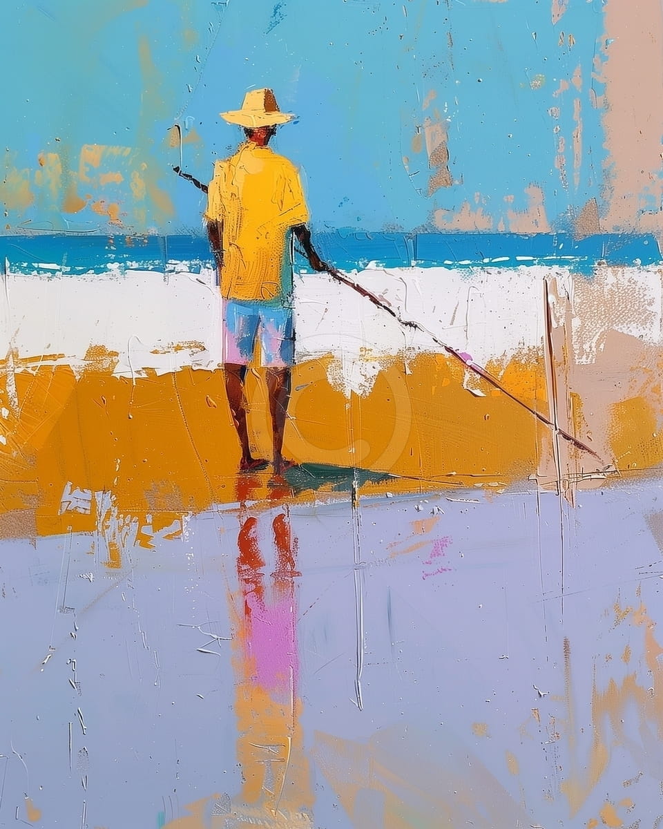 Tablou Pescar in camasa galbena pe malul marii