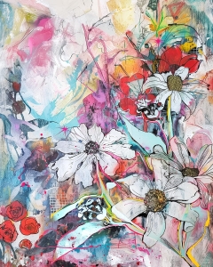 Flori albe pe fundal colorat abstract