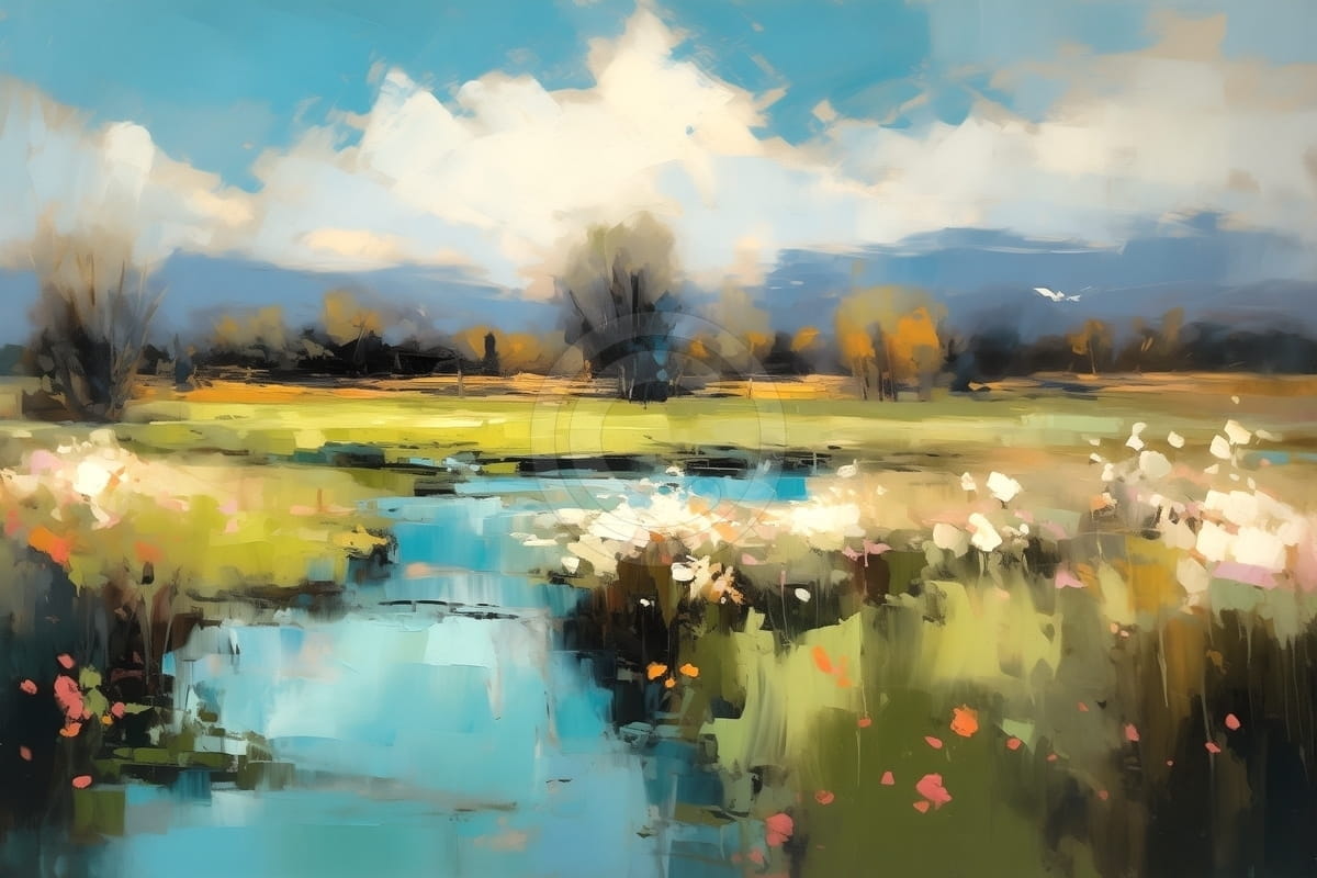 Tablou Peisaj cu rau si flori salbatice