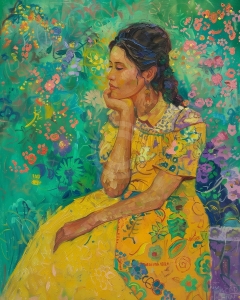 Femeie in rochie galbena printre flori