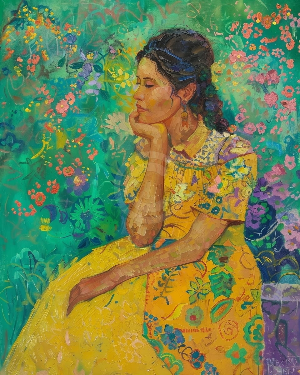 Tablou Femeie in rochie galbena printre flori