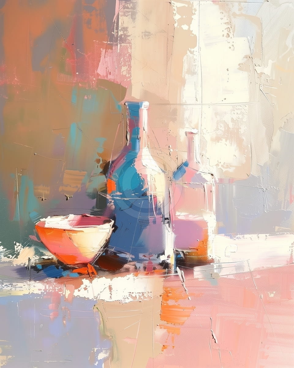 Tablou Sticle si bol in culori calde