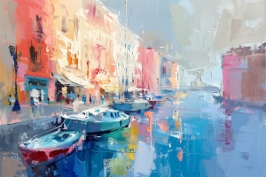 Barca ancorata pe canal urban