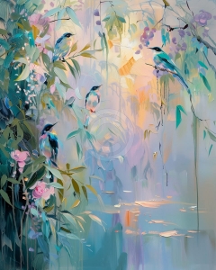Pasari pe malul lacului in lumina pastel