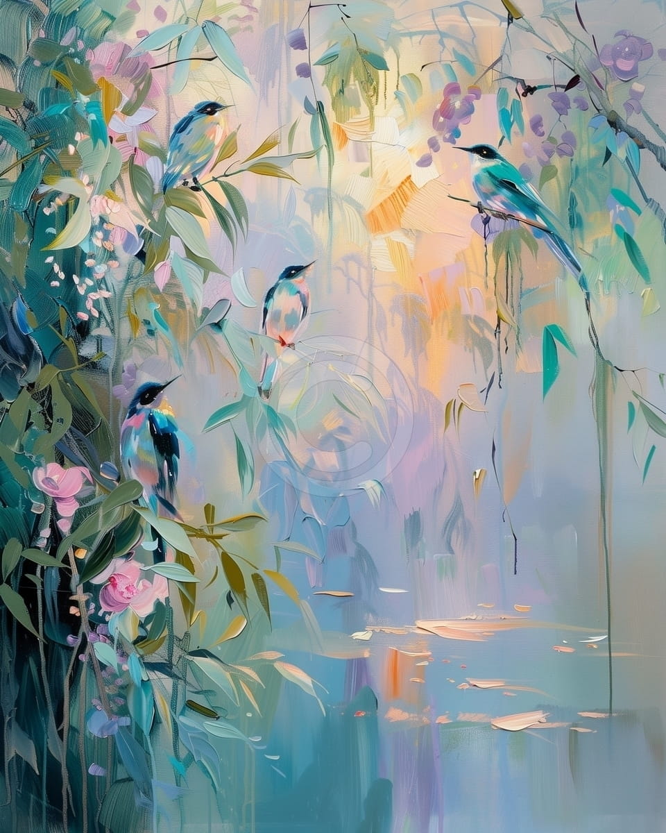 Tablou Pasari pe malul lacului in lumina pastel