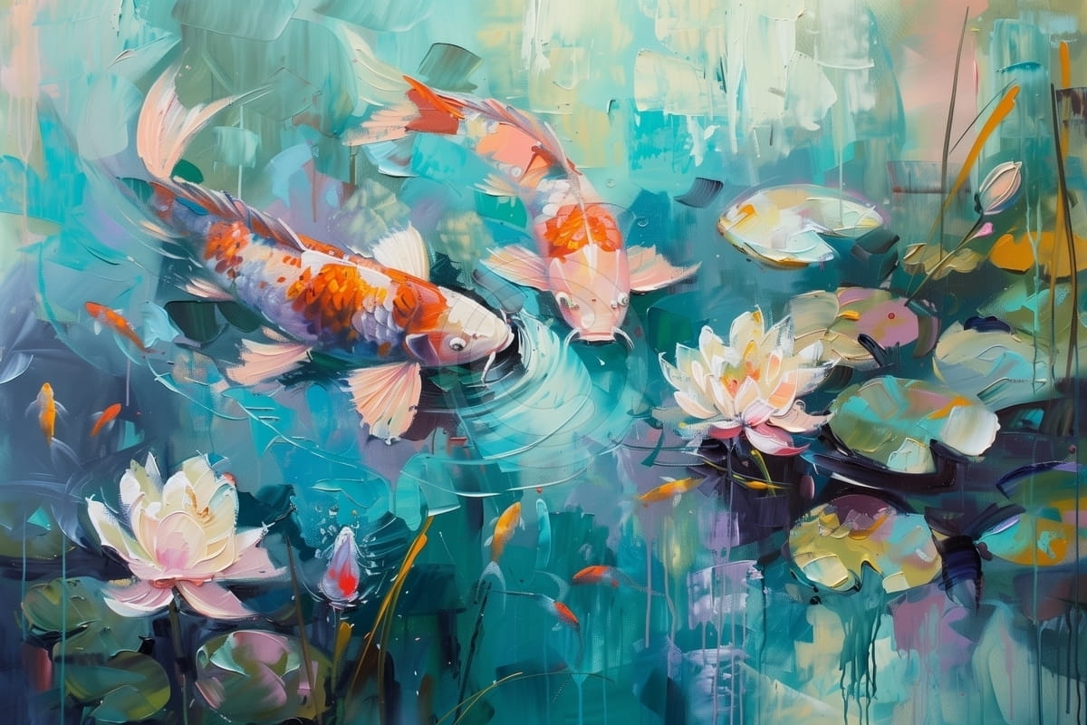 Tablou Pesti koi si flori de lotus in iaz