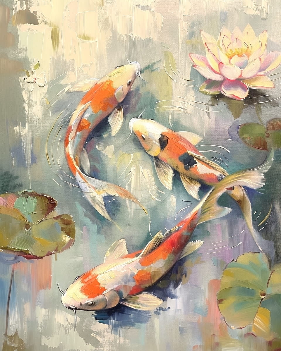 Tablou Trei pesti koi si floare de lotus