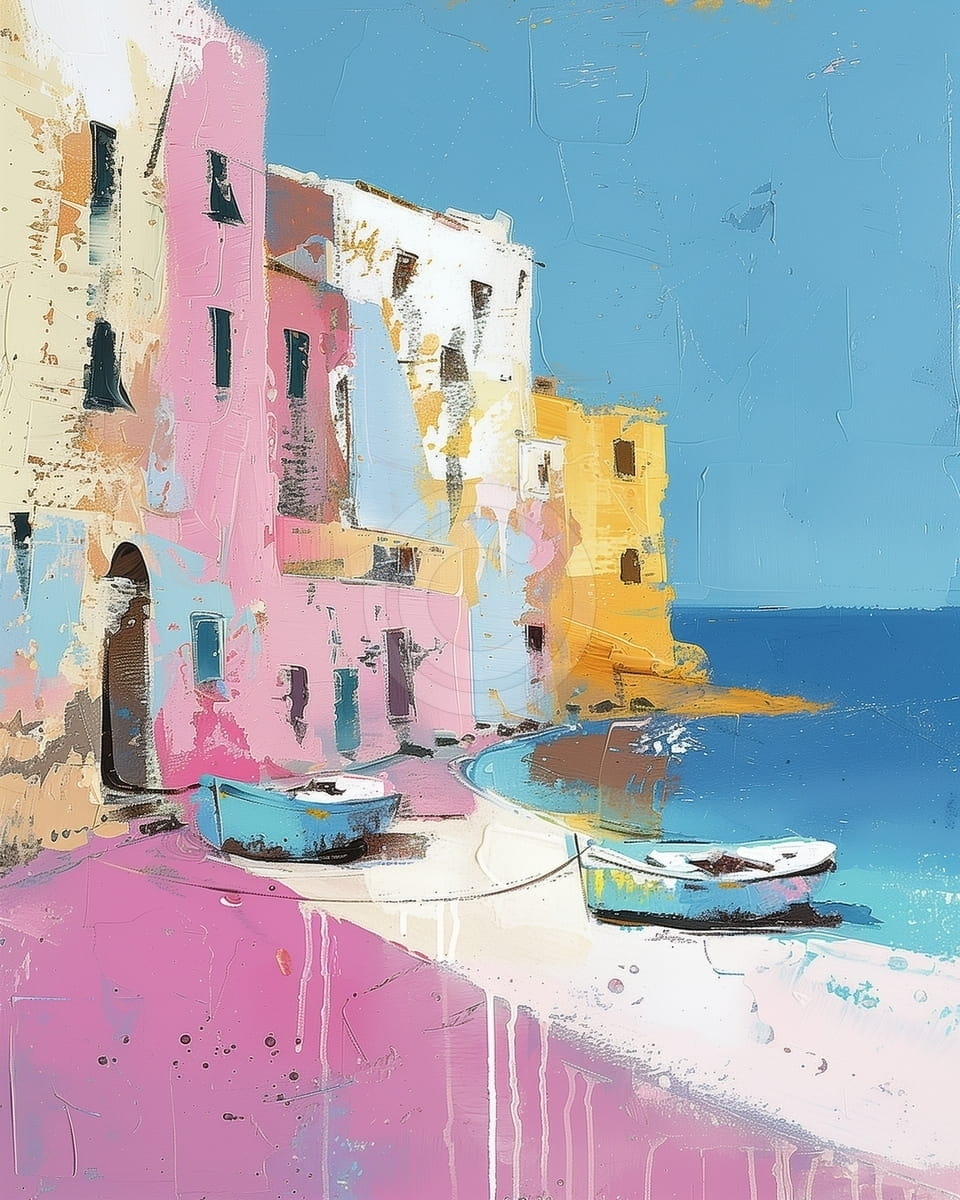 Tablou Sat mediteranean cu barci si case colorate