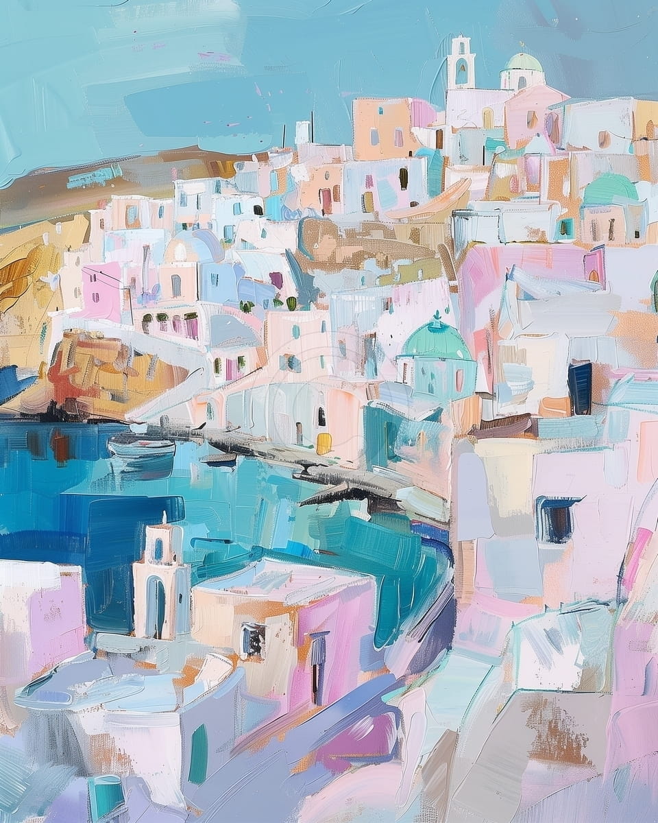 Tablou Peisaj grecesc cu case colorate si mare albastra