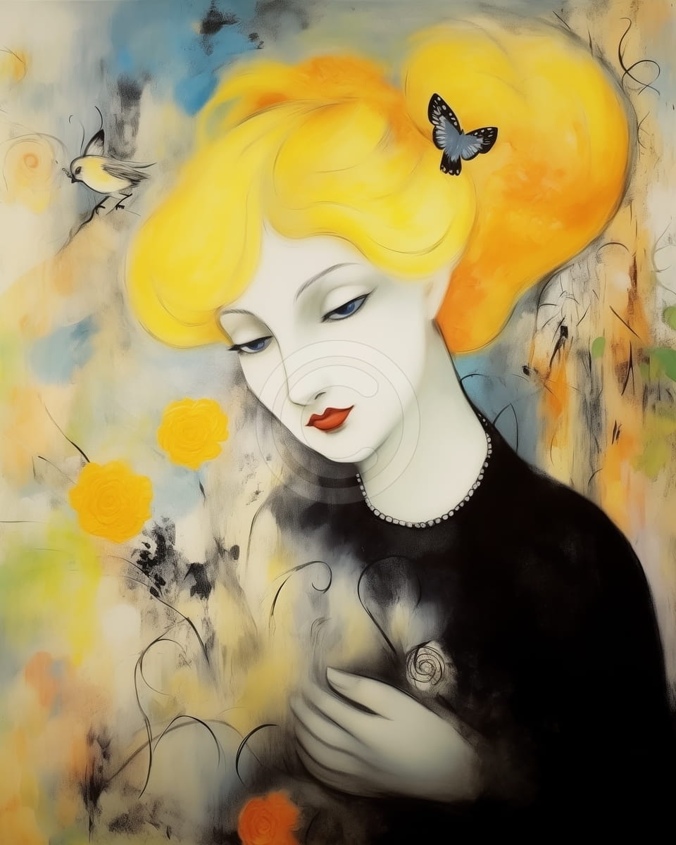 Tablou Femeie cu par blond si trandafiri galbeni