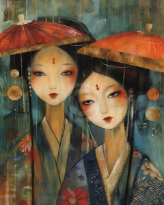 Femei asiatice cu umbrele rosii