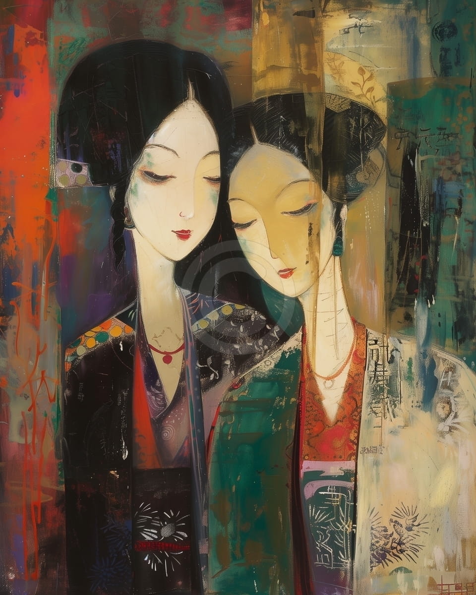 Tablou Portret dublu femei asiatice in kimono