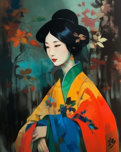Femeie asiatica in kimono colorat
