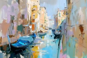 Gondole pe canal in Venetia