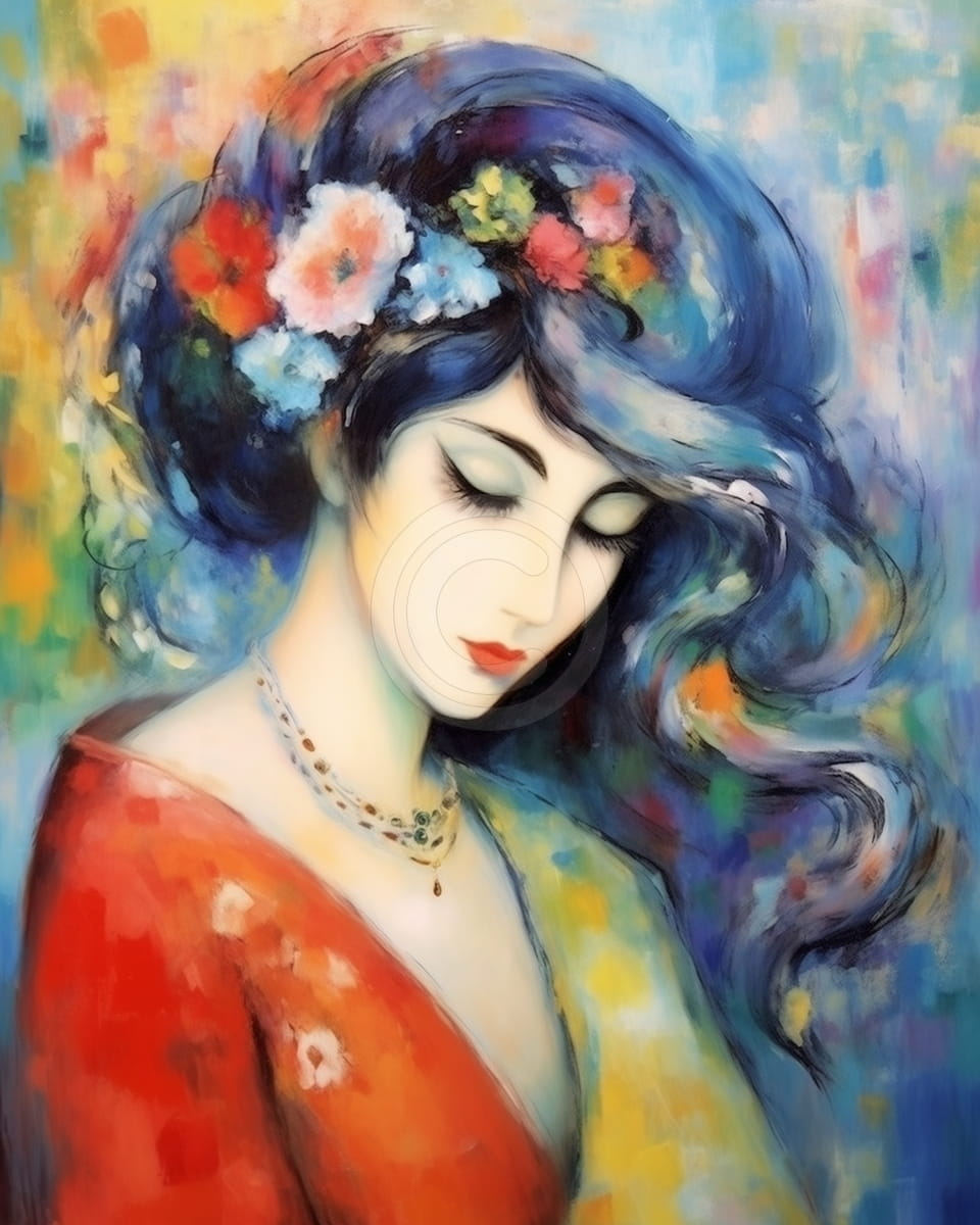 Tablou Femeie cu flori in par si kimono rosu