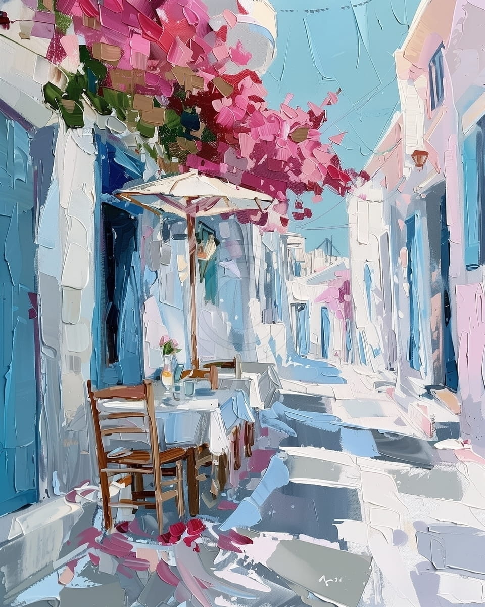 Tablou Terasa greceasca cu flori roz