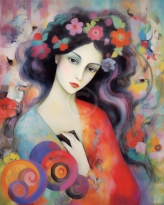 Femeie cu flori in par si mantie colorata