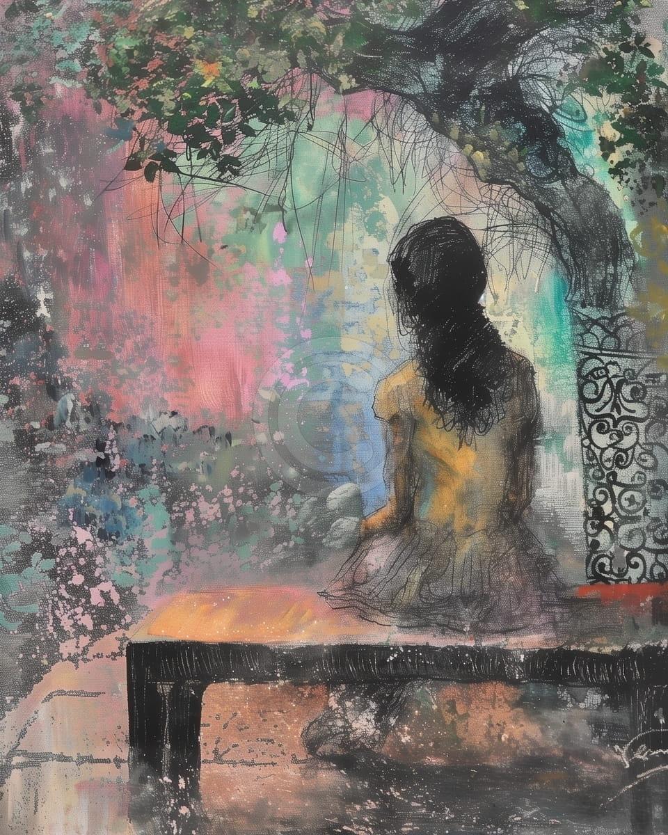 Tablou Fata pe banca sub copac