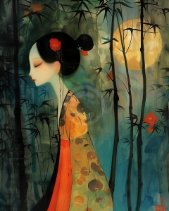 Femeie in kimono printre bambusi la lumina lunii