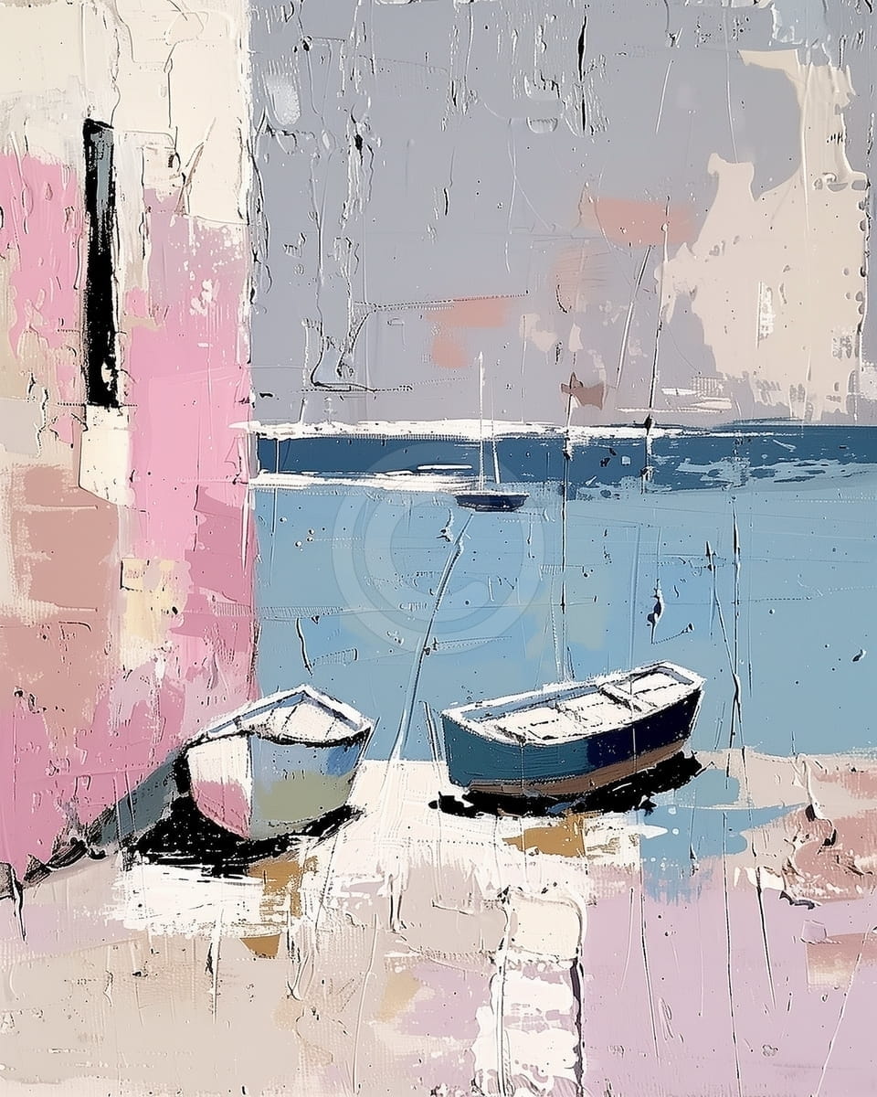 Tablou Barci pescaresti pe mal in lumina pastel