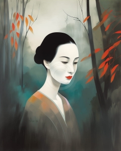 Femeie asiatica in padure de toamna