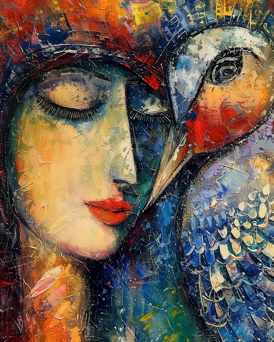 Tablou Femeie si pasare in armonie colorata