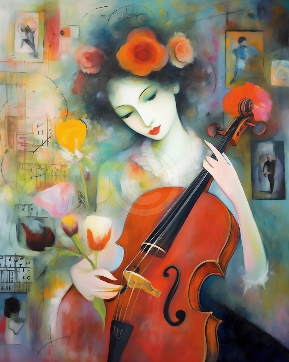 Tablou Femeie cu violoncel si flori in par
