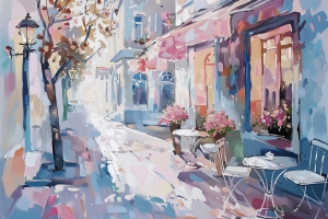 Cafenea pe strada romantica cu flori si lumina calda